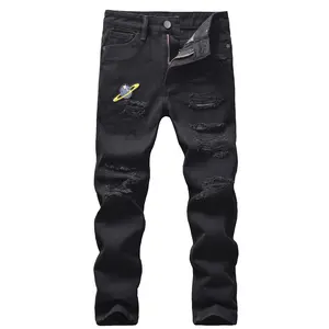 5-13 Years Old Boys' Stretch Denim Ripped Pants, Slim Fit with Zipper Pockets, Vintage Washed Black, Elastic Waist, Straight Leg, Durable for Outdoor Sports, Casual Children's Long Pants