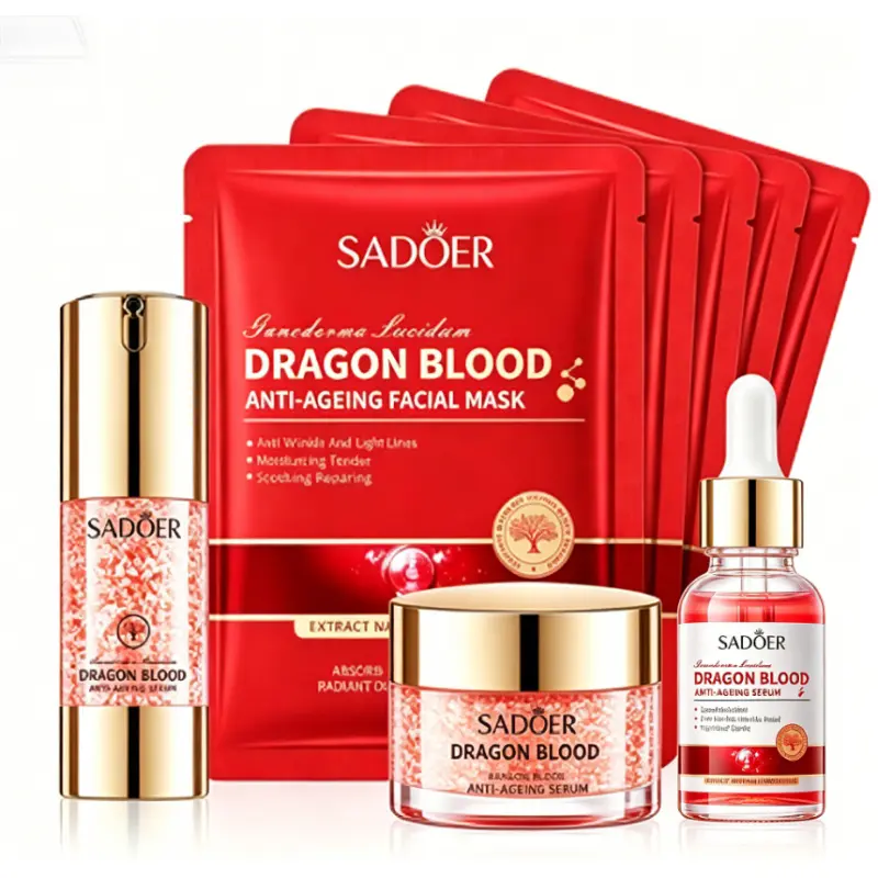 Dragon Blood Ganoderma Skin Care Moisturizing Intensive Repair Set With Essence Cream Lotion & 5 Sheets Mask Nourishing Repair Daily Facial Care