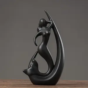 Ceramic Beauty Mermaid Statue Sculpture Art Porcelain Figurine Home Decor Decorations for Living Room Book Shelf Carbinet Office Desk Table Top Ornament (Black)