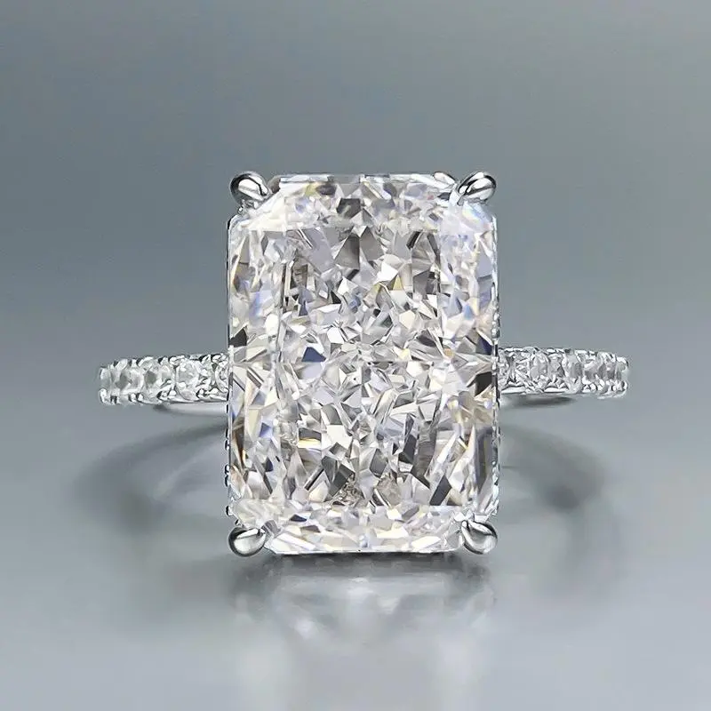 S925 Sterling Silver Female 11.5-Carat 8A Emerald Cut Rectangular CZ Solitaire Promise Band, R988 Model, 9*13mm Diamond Accent Fashion Jewelry Rings, Daily Wear Accessory, 30-Day Return