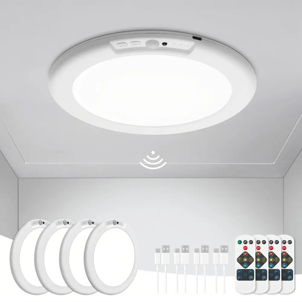 [USB Rechargeable Ceiling Light] USB Rechargeable Ceiling Light: Three Color Adjustable, Remote Control And Human Body Sensing Function; Non Perforated Magnetic Adjustable LED Light, Suitable for Storage Rooms, Sheds, Porches, Garages, And Stairwells