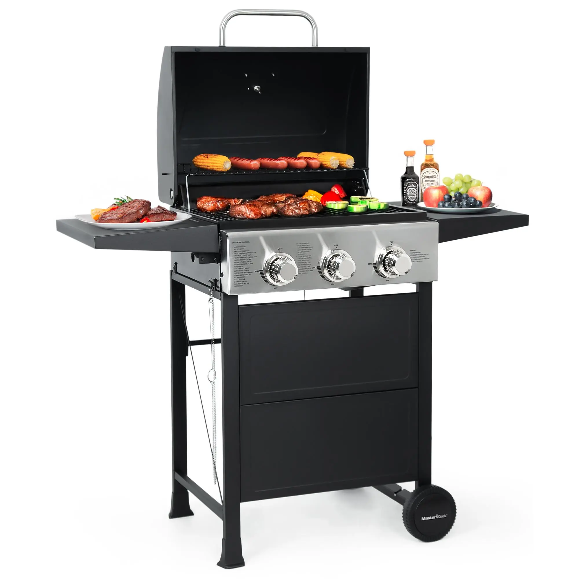 MASTER COOK 3/4 Burner BBQ Propane Gas Grill, Stainless Steel 30,000 BTU Patio Garden Barbecue Grill with Two Foldable Shelves