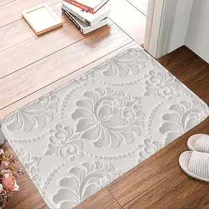 White Embossed Damask Doormat  3D Effect Non Slip Entryway Mat  Elegant Indoor Welcome Rug  Easy Care & Durable Floor Decor