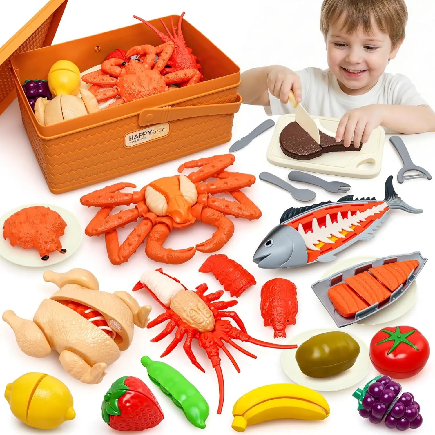 NBTOY 22pcs Play Seafood Cut Toys Set for Kids Play Kitchen, Kitchen Playset with Toy Food & Fake Fruit, Kitchen Set for Kids Cutting Set, Gift for Boys Girls