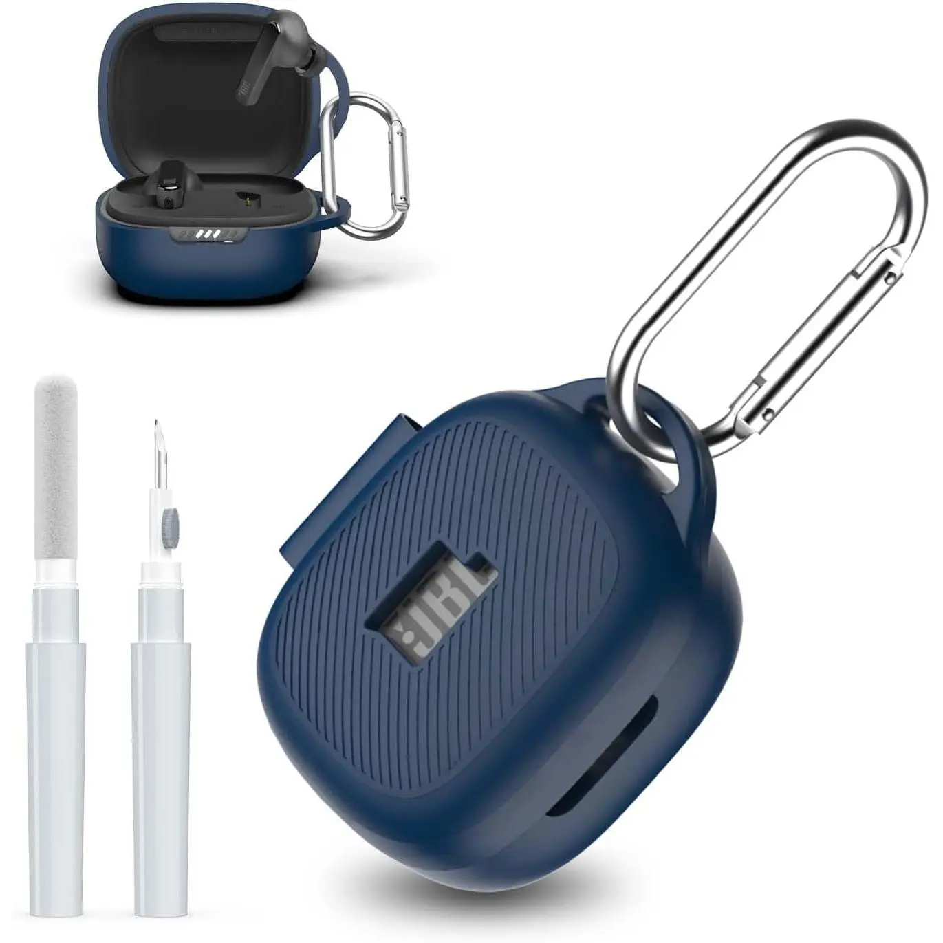 [3 in 1] for  Live Pro 2 Case Cover with Cleaner kit, Logo Visible Design Scratch Resistant Shockproof Silicone Protective Cover for  Live Pro 2 Earbuds with Carabiner-Blue