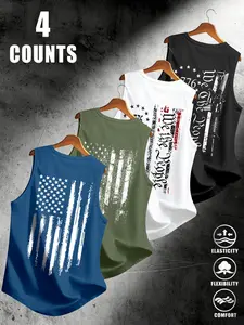 American Flag Print Men's Sleeveless Vest Set of 4, Breathable Stretchy Fabric, Sporty Fit, Comfortable Fashion for Daily Street Wear, Summer Sleeveless Top