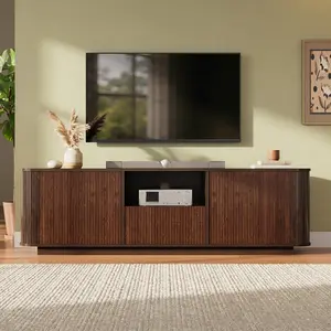 70 inch Modern TV Stand for TVs up to 80 inches, Large Entertainment Center with Ample Storage & Rounded Corners, Living Room Media Console Table with Drawers, Open Shelves & Cable Management, Easy Assembly