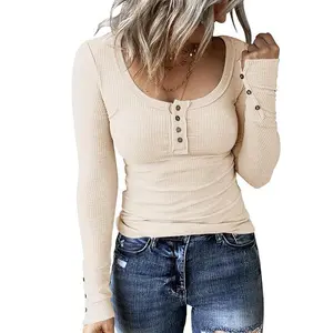 Women's Long Sleeve Henley T Shirts Button Down Slim Fit Tops Scoop Neck Ribbed Knit Shirts for Everyday Wear Cotton Blend Breathable Stretchy