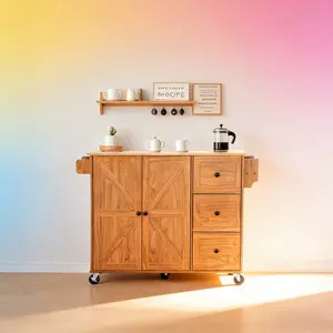 CUGBO Kitchen Island Cart with 2 Adjustable Shelves, 3 Drawers, Spice Rack, Lockable Wheels, Mobile Storage Cabinet & Coffee Bar, Brown