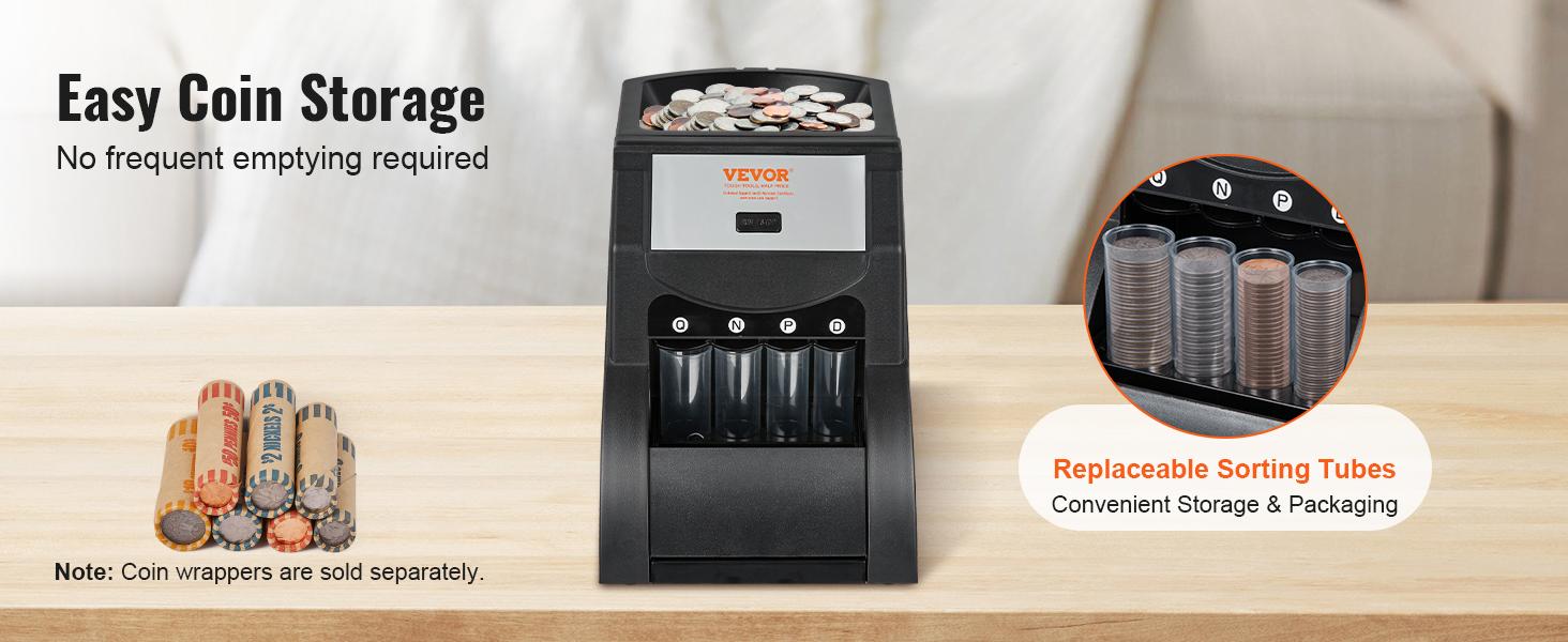 TikTokShopBlackFridayVEVOR USD Coin Sorter, Coin Sorter Machine for USD Coin 1￠ 5￠ 10￠ 25￠, Sorts up to 230 Coins/min, Coin Sorter and Wrapper Machine Holds 200 Coins Included 4 Coin Tubes, Black  VEVOR Super Brand Day