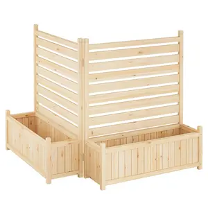 Freestanding Wooden Privacy Fence Panel with Planter Boxes – Decorative Outdoor Screen for Patio, Yard, or Garden – Weather-Resistant – Conceals AC Units & Trash Cans – Includes Two Flower Pots