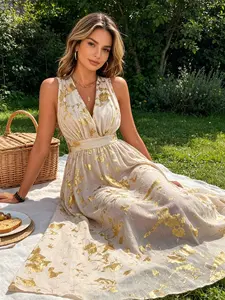 A fashionable French V-neck gold sleeveless dress for women, with a high waist and cinched waist to show off her slender and elongated style, suitable for summer, wedding guests, exhibitions, photography, birthday parties, and light artistic occasions.