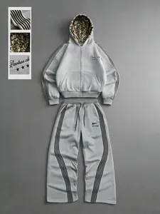 Men's 2 Piece Knit Hooded Cardigan Set, Geometric, Plush Leopard Fabric, Luxury Brand Logo, Casual Fall Winter, Perfect for Vacation and Outdoor Activities