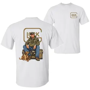 47th President Trump holds a Glock pistol and sits next to a hunting dog, camouflage hunting season unisex cotton crew neck T-shirt