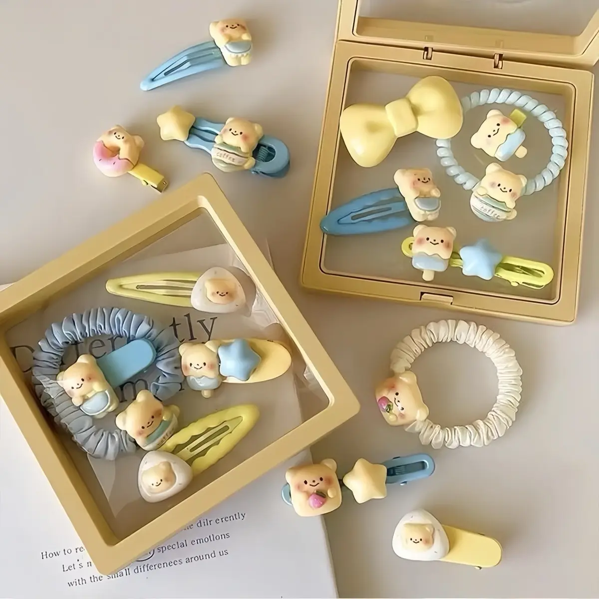 15 Piece Hair Accessory Set with Bear Hand, Checkered Scrunchie, Star-Shaped Clips, and Mini Bear Comb （come without the box)