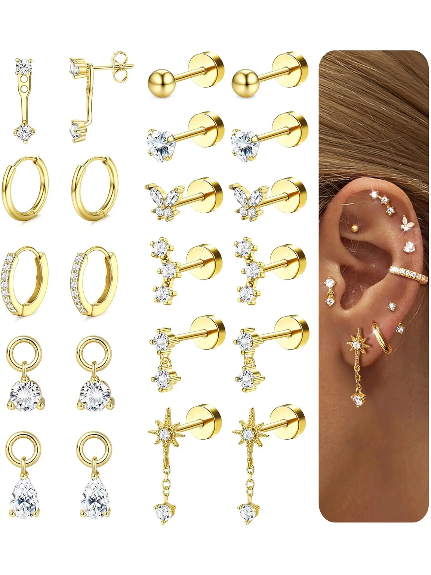 11 Pairs Hypoallergenic Flat Back Earrings Cartilage - Gold Silver Earring Stacks Surgical Stainless Steel Helix Tragus Conch Flatback Stud Hoop Earring Sets for Sensitive Ears Women Trendy Gift Earring Stacking Set