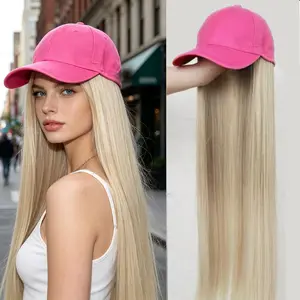 Hot Pink Baseball Cap With Attached Long Silky Straight Blonde Color Hair Cap Wigs Adjustable Heat Resistant Synthetic Casual Hat Wig for Women Ladies Daily Party Outdoor Use Begineer Friendly