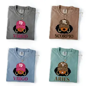 Comfort Colors [All 12 Zodiac] Zodiac Vibes T-shirt – Afro Woman Astrology Sign Pullover with Sparkly Hat Graphic, Unisex Horoscope Crewneck Gift for Aries, Virgo & Zodiac Lovers, Trendy Aesthetic Sweater