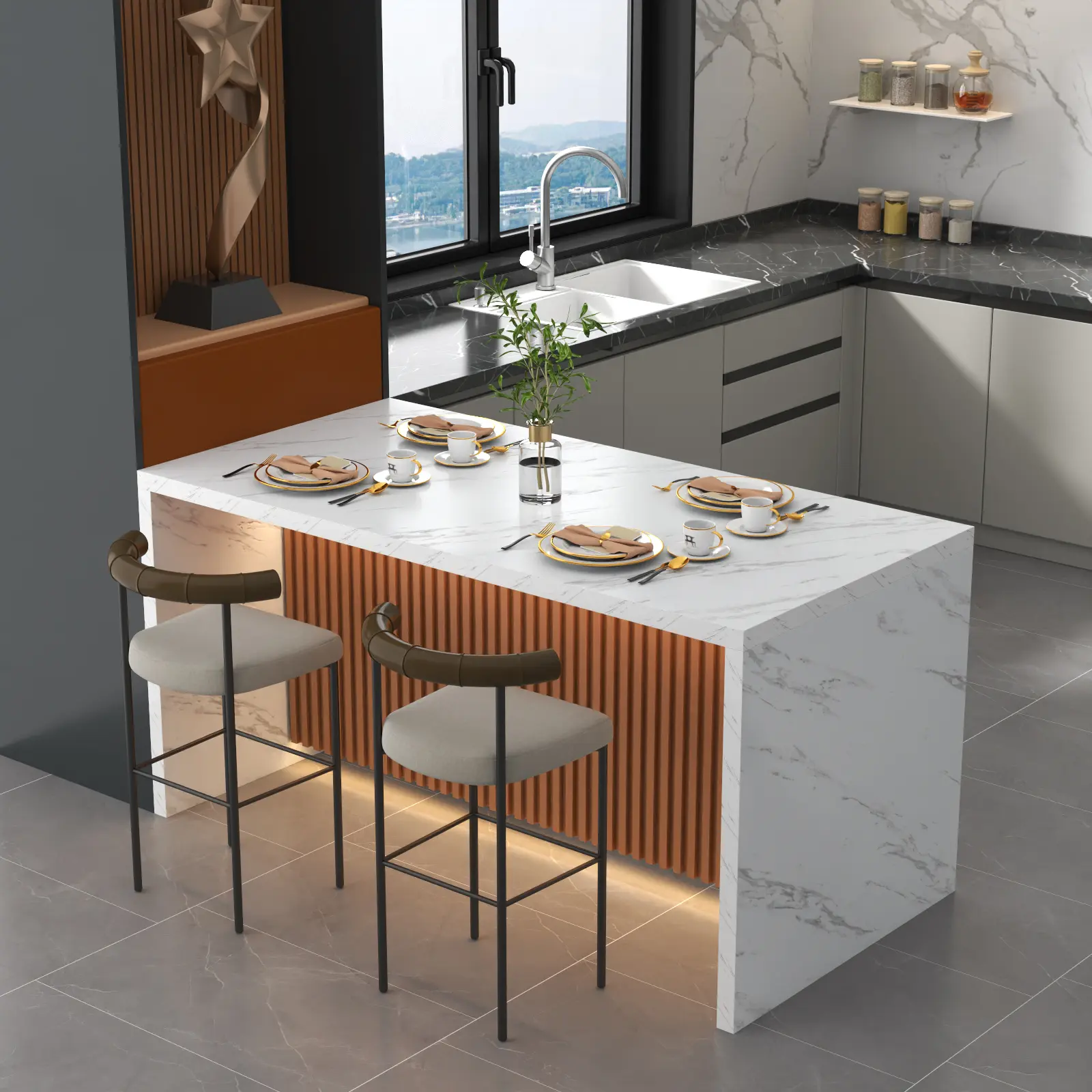 Gyfimoie Large Imitation Marble Dining Table for 4-6 People，63" Island Table with LED Lights, Mordern Marble Stripes Dining Table with Grille design for Dining Room, Home, Office, Living Room, Easy Assembly