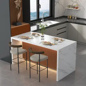 Large Imitation Marble Dining Table for 4-6 People，63" Island Table with LED Lights, Mordern Marble Stripes Dining Table with Grille design for Dining Room, Home, Office, Living Room, Easy Assembly