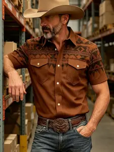 American Western Ethnic Print Retro Short Sleeve Shirt, Men's Casual Slim-Fit Workwear Top, Two Pockets, Solid Pattern