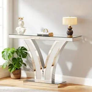 Modern Mirrored Silver Console Table, Luxury Entryway Table with Exquisite Crystal Inlay, Narrow Rectangle Accent Sofa Table, Stylish Foyer Display Furniture for Living Room, Hallway and Home Decor