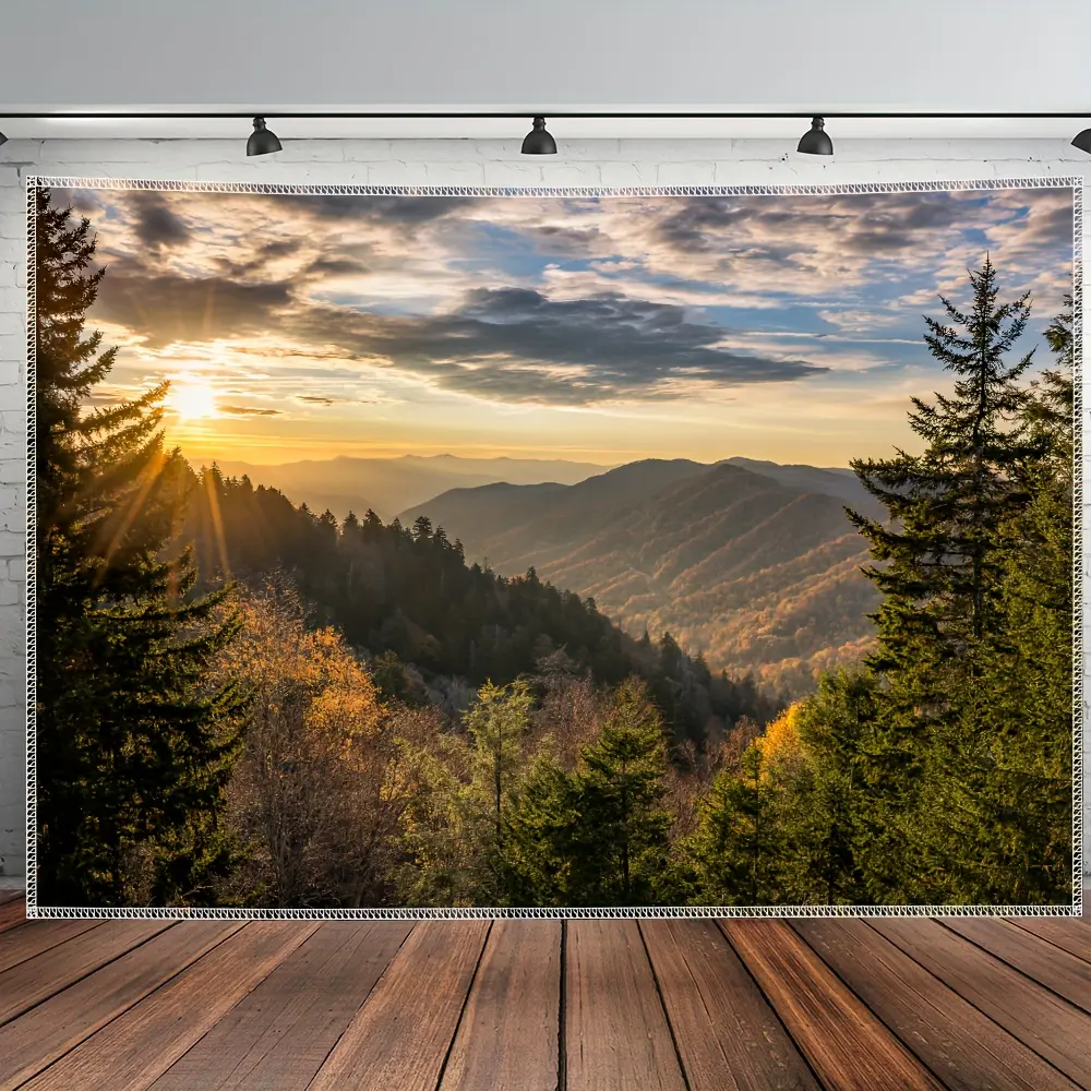 Smooth Lightweight Rectangular Forest Mountain Tapestry - Sunshine Nature Landscape Wall Hanging, Room Art with Accessories, Aesthetic Home Decor for Living Room, Indoor Use