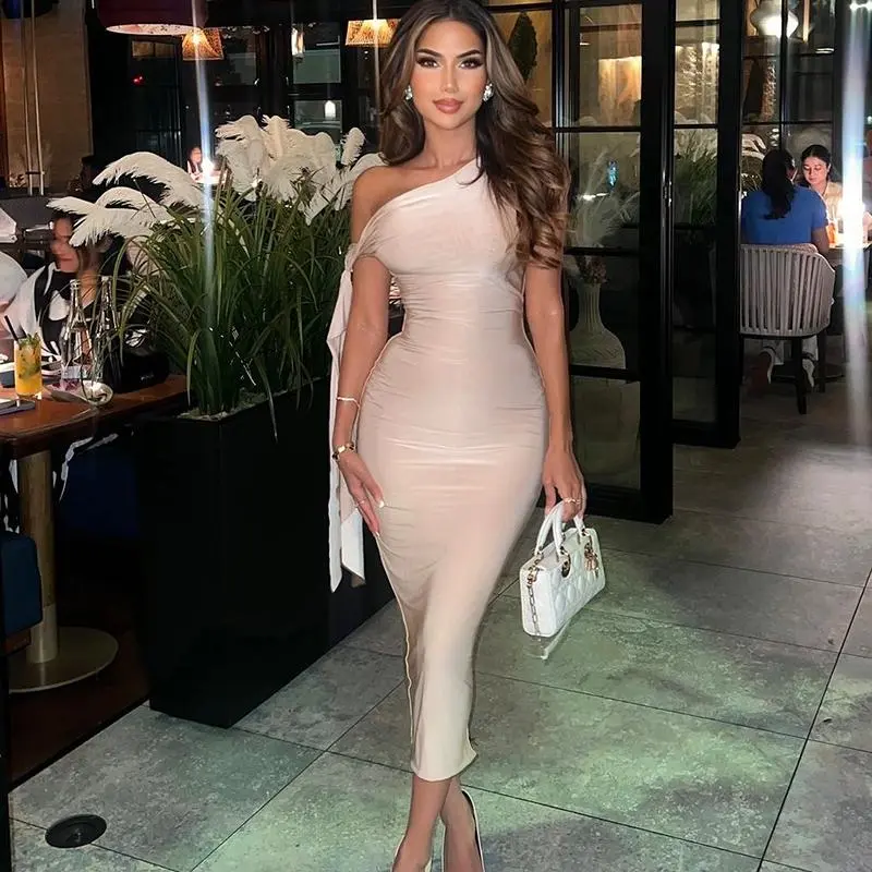 Women's Minimalist Fitted 1-Shoulder Knotted Tie Bandage Midi Dress - 2025 Summer Asymmetrical Sleeveless Casual Bodycon Outfit with 2-3cm Size Guide, Club-Date Chic Wear