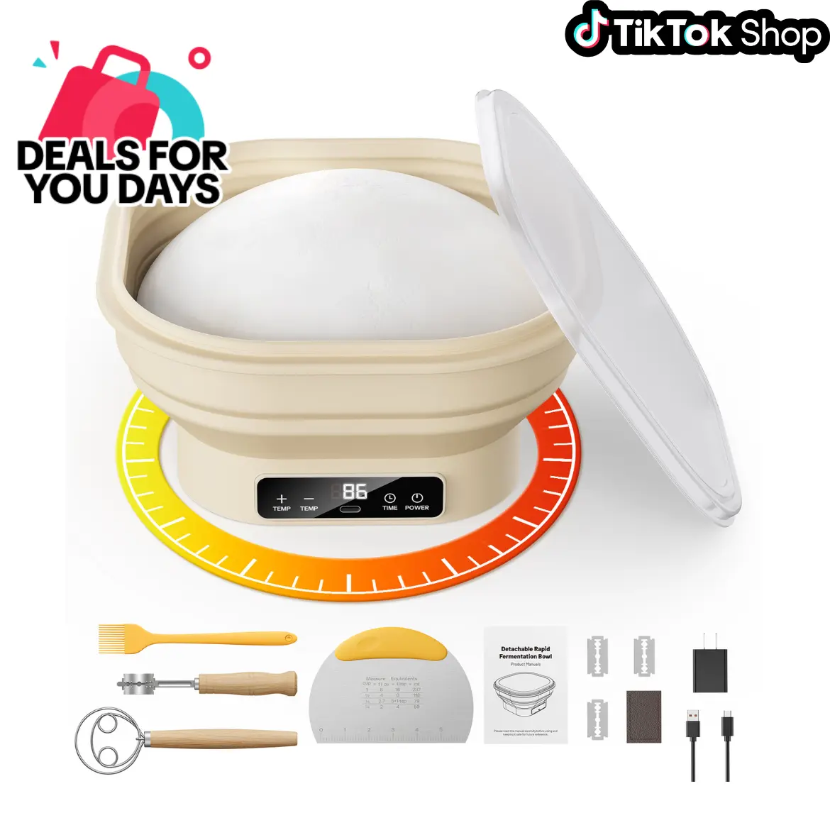 Heated Sourdough Proofing Basket Baking Supplies Kit - 2L Foldable Non-Toxic Food-Grade Silicone Dough Bowl with Detachable Charging Port, Dustproof Lid, Bamboo Whisk, Scraper & Utensils, 77-122℉ Adjustable Temp Hygienic Crack-Free Bakeware, Wooden Bamboo
