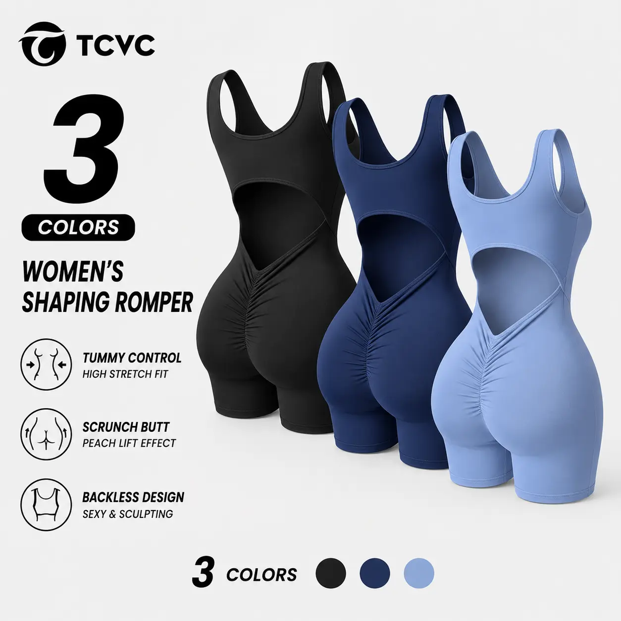 TCVC Women's Sleeveless Square Neck Bodycon Jumpsuit, High Waist Ruched Butt, Slim Fit High Elastic Tummy Control Romper for Casual Outings & Workouts
