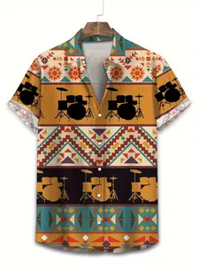 Stunning Drum Pairing with Geometric Stylish Tropical Hawaiian Collared Shirts for Men Summer Casual Printed