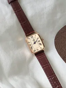 Elegant Women's Long Rectangle Roman Numeral Watch, Quartz Analog Watch, Square Watches, Bamboo Texture Leather Strap, Perfect Gift for Birthdays & Anniversaries