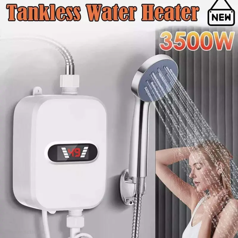 White 3500W 110V Electric Tankless Water Heater with Handheld Shower Head and Hose Set, LED Touch Screen Adjustable Temperature for Bathroom - FFApexActive6