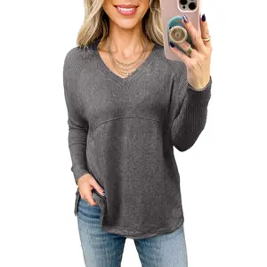 Dokotoo Women's Casual T Shirts Long Sleeve V Neck Ribbed Knit Tops Tee Shirts