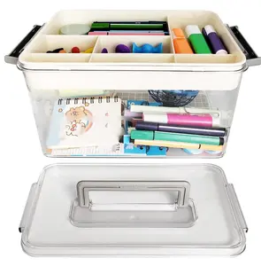 Craft Organizers Storage with Removable Tray 10-Inch Plastic Storage Box Container with Handle Stackable for Lego,Stationery,Beads,Sewing Supplies Transparent Compartment Room Waterproof