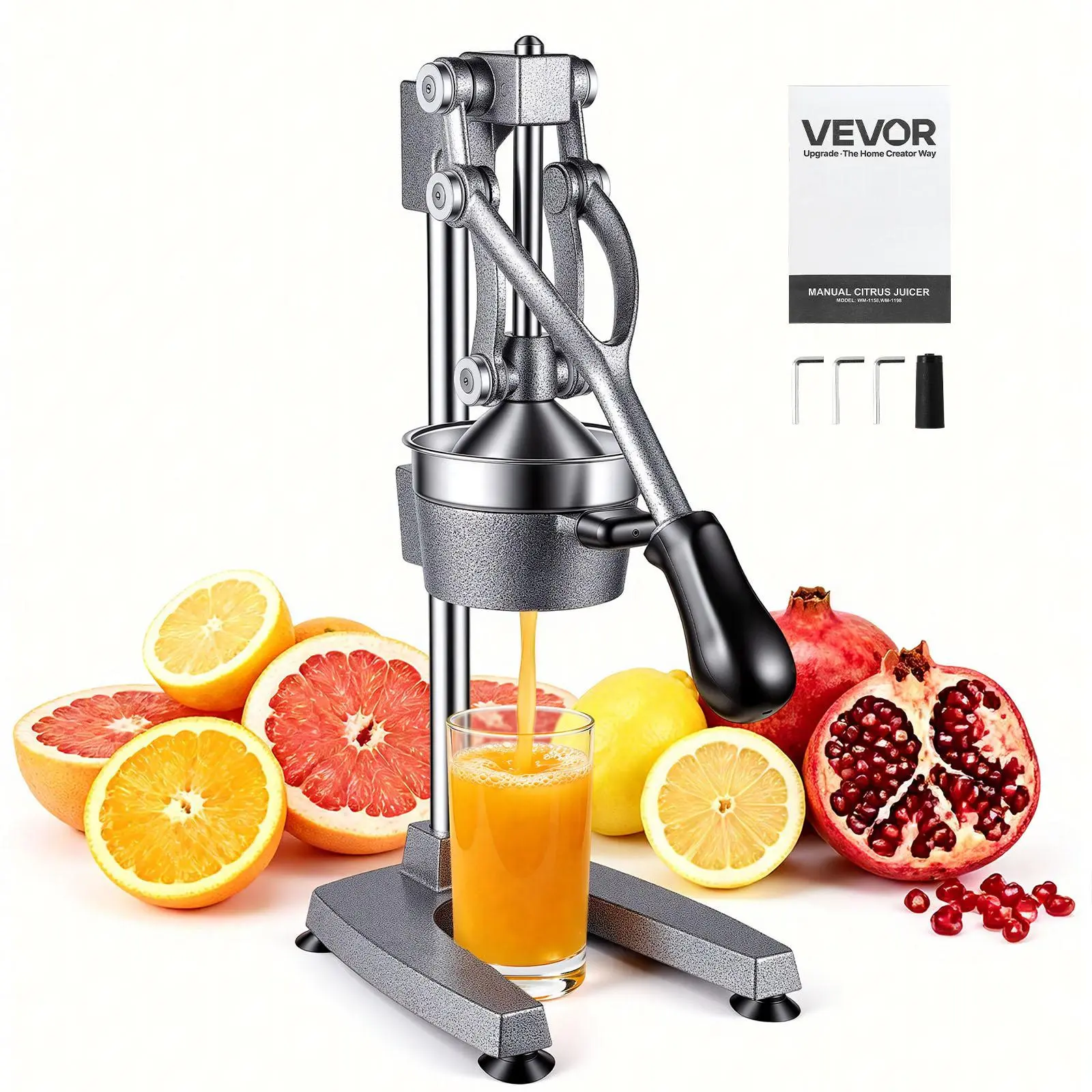 VEVOR 19-In Tall Stand Hand Press Juicer, Heavy-Duty Cast Iron Citrus Fruit Extractor, Easy-Clean Appliance for Home & Commercial Kitchens, Silver Gray