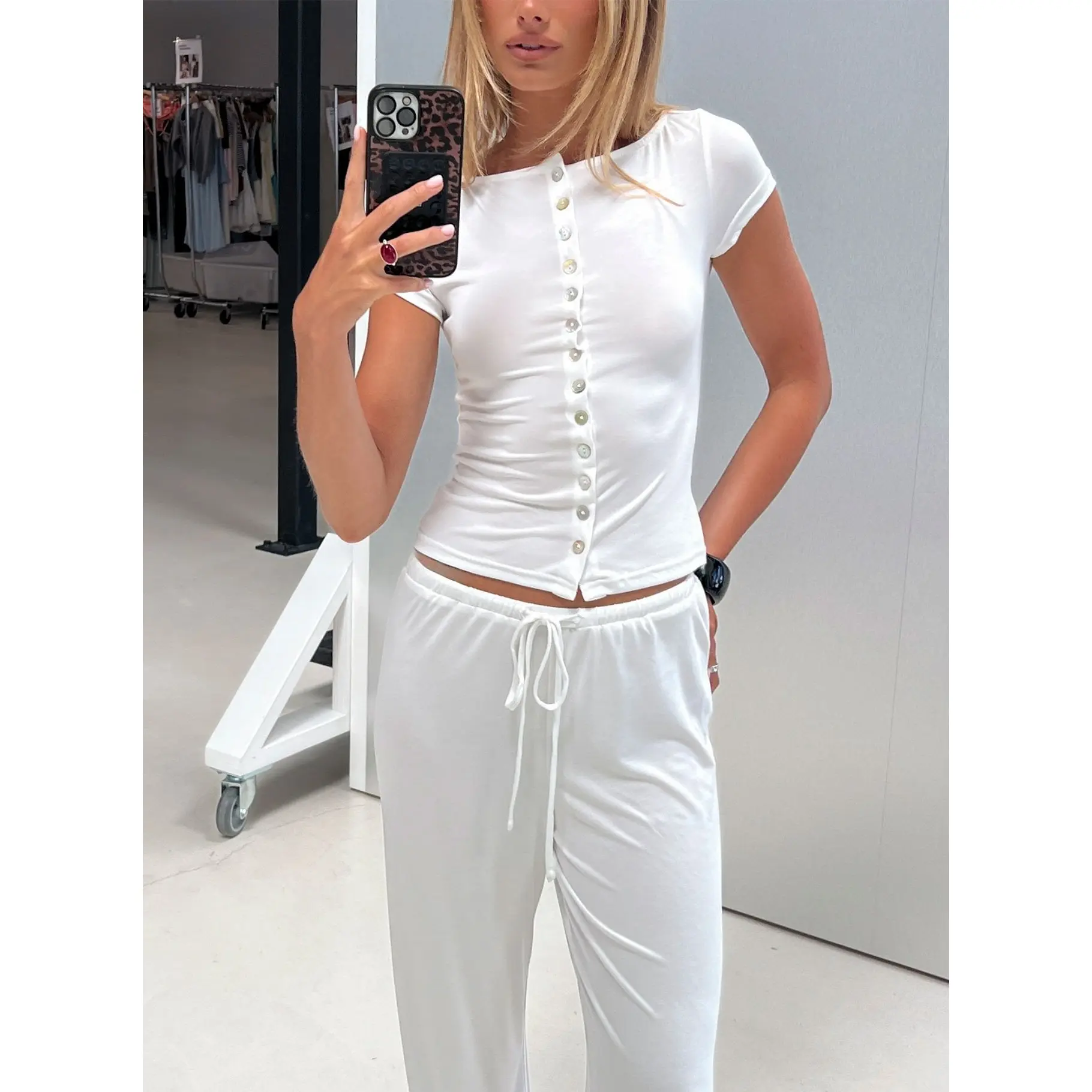 Angellina Jersey Button Down Top White