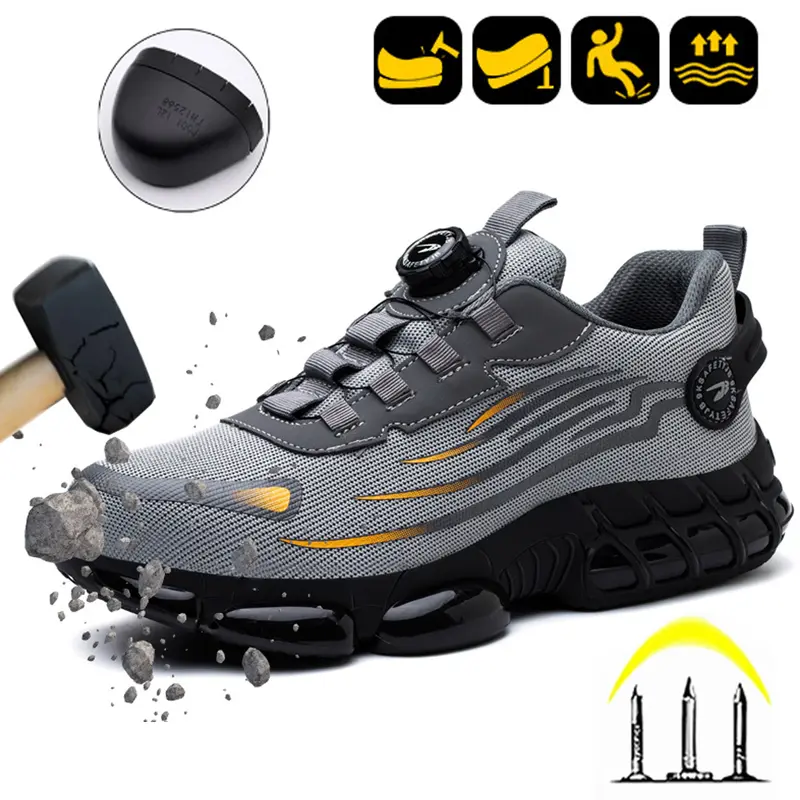 Men's Steel-Toe Casual Sneakers - All Seasons Athletic Work Shoes, Breathable Mesh Lining, Chic Elastane Striped Design, No-Tie Rotating Buckle Closure, Kevlar Anti-Puncture Midsole, Non-Slip Rubber Sole, Round Toe, Quick Buckle Tension Time-Saver