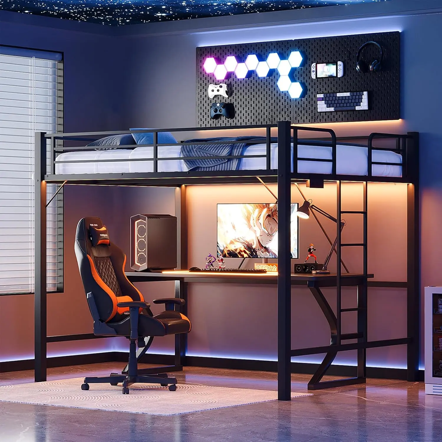 Karlhome Loft Bed Queen Size with Charging Station and LED Lights,Safety Guardrail and Stair for Teens/Adults, No Box Spring Needed, Heavy Duty Metal Support Slat, Black