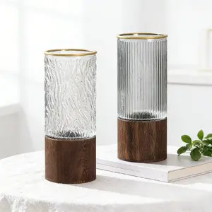 Modern Detachable Glass Flower Vase with Wooden Base, Gold Rim Ribbed/Ice Texture Vase for Home Decor, Perfect for Roses, Lucky Bamboo, Table Centerpieces