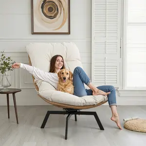 Walsunny Oversize Indoor Outdoor Swivel Chair Wicker Papasan Chair with Soft Thick Density Fabric Cushion Comfy Wicker Egg Chairs Lounge for Outside Porch Patio Backyard Balcony Beige