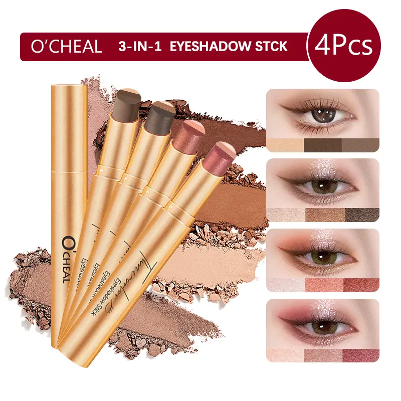 O'CHEAL 4Pcs 3-in-1 Gradient Eyeshadow Stick Set, Cream Eye Shadow Pencil, Matte & Shimmer Blendable Long-Lasting Eye Makeup Kit for Women Beginners' Daily Cosmetic Use
