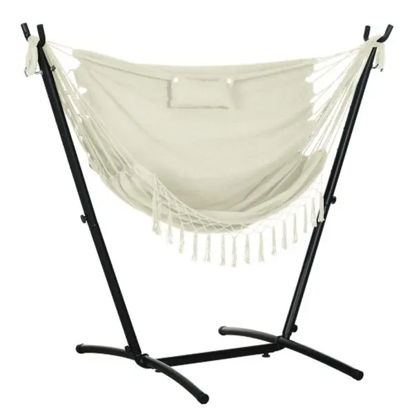 Bellemave Outsunny Adult Single-Person Suspension Hammock Chair with Stand, 23.6" Wide Seat, 330lb Capacity, Boho Tassels, Built-in Pillow, Side Pocket, Stable Rubber Feet, 26.40 lbs, 66.9"w x43.3"d x59.1"h, Illustrated Manual - Camping Hammock Accessory