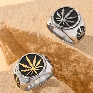 Men's Stackable Stainless Steel Ring Set, Dark Aesthetic Rings, Men's Jewelry, Sizes 8-13, Vintage Hip-Hop Design with Creative Geometric Maple Leaf Print, Party Wear Fashion Costume Accessory