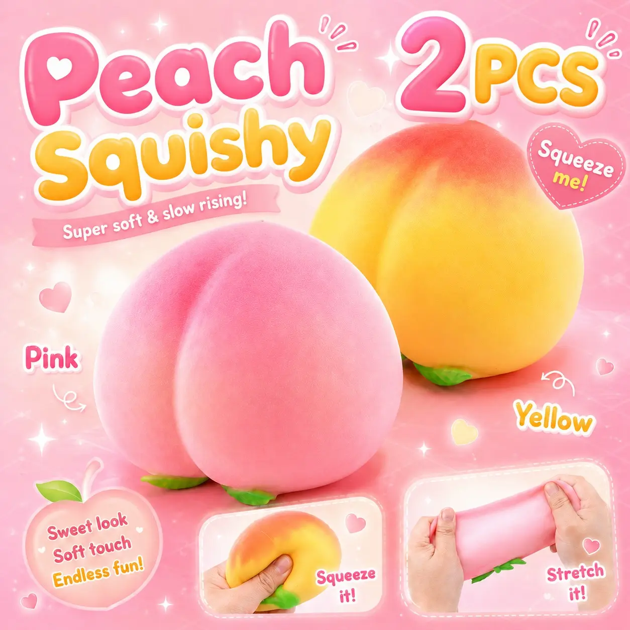 2PCS Peach Squishies Slow Rising Stress Relief Toy, Realistic Peach Shaped Fruit Squeezable Balls, Squishy Stress Balls, Big Squeezable Peaches, Soft Flexible Fidget Toys Decompression Gift for Adults, Squishy Fidgets