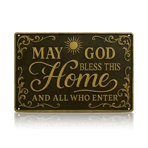 1pc 12×8inch (30×20cm) “May God Bless This Home and All Who Enter” Vintage Religious Tin Sign – Christian Wall Art for Entryway, Living Room, Garden & Porch Décor | summervibes