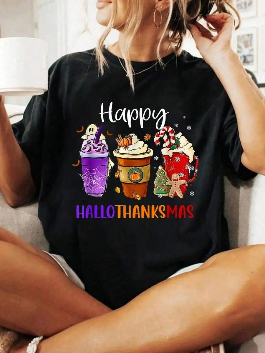 Halloween Graphic Women T Shirt Halloween Thanksgiving Christmas Happy Hallothanksmas Coffee T-Shirt