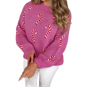Asvivid Women's Christmas Sweaters, Cozy Holiday Drop Shoulder Sweater Pullover Top with Candy Cane Pattern, Spring Fall Winter Fashion Wear Knitwear
