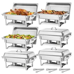 【Father's Day】VEVOR Rectangle Chafing Dish, 9 Qt 6 Pack Stainless Steel Chafing Dish, Food Warmer Chafer Complete Set with Hollow Handle, 3 Food Tongs, Lid, Holder, Chafer Dishes for Banquet Party Wedding