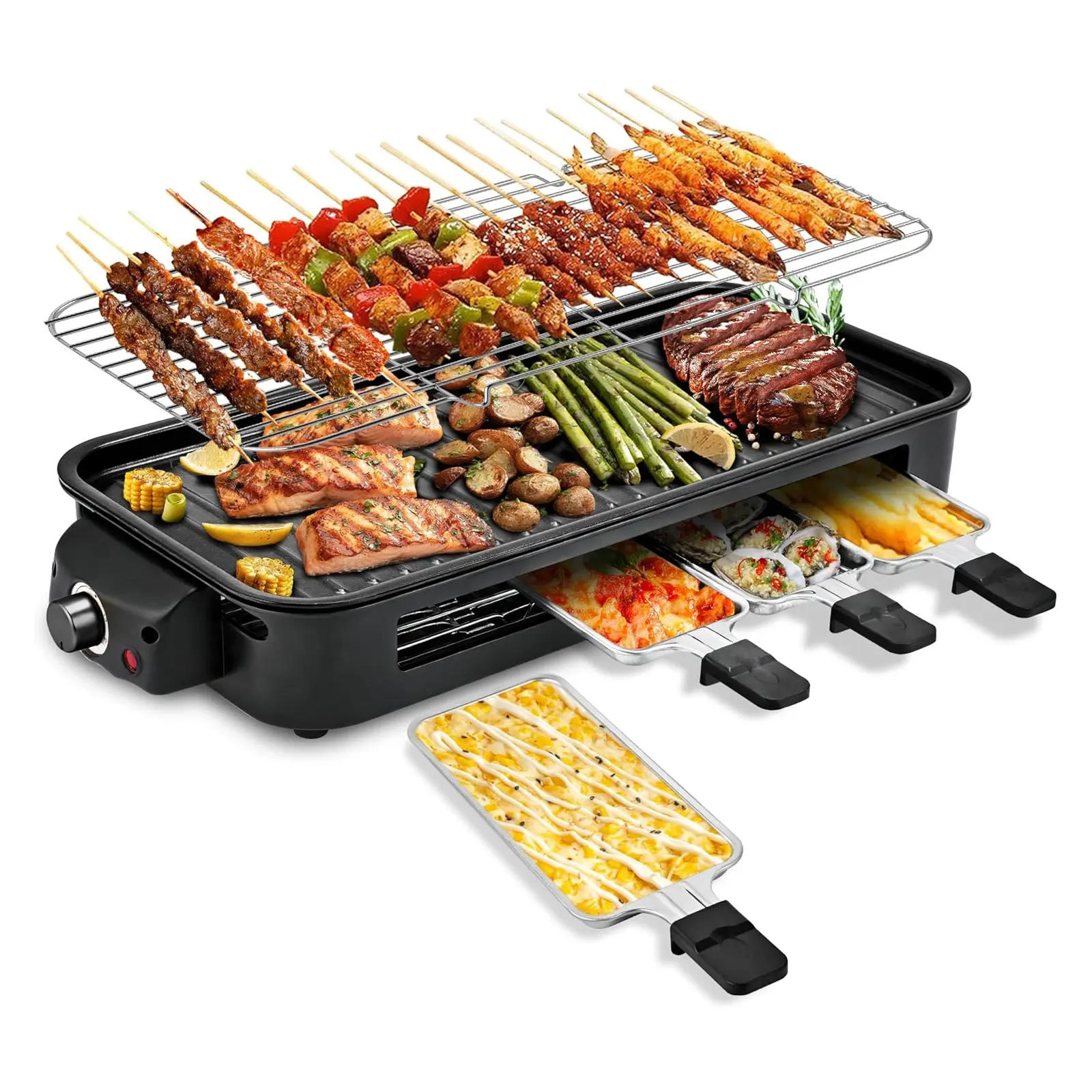 Pukomc 1500W Smokeless Grills - Electric Nonstick Griddle Grill with Extended Removable Plates, Adjustable Temp Control, 4 Mini Raclette Pans, Compact Apartment Kitchen Supply, Mess-Free Easy-Clean Accessory
